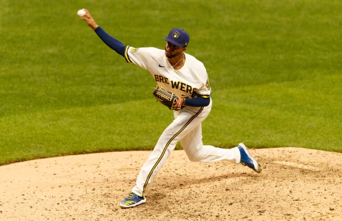 Milwaukee Brewers pitcher Devin Williams (38) throws a pitch during the eighth inning against the Cincinnati Reds at Miller Park.